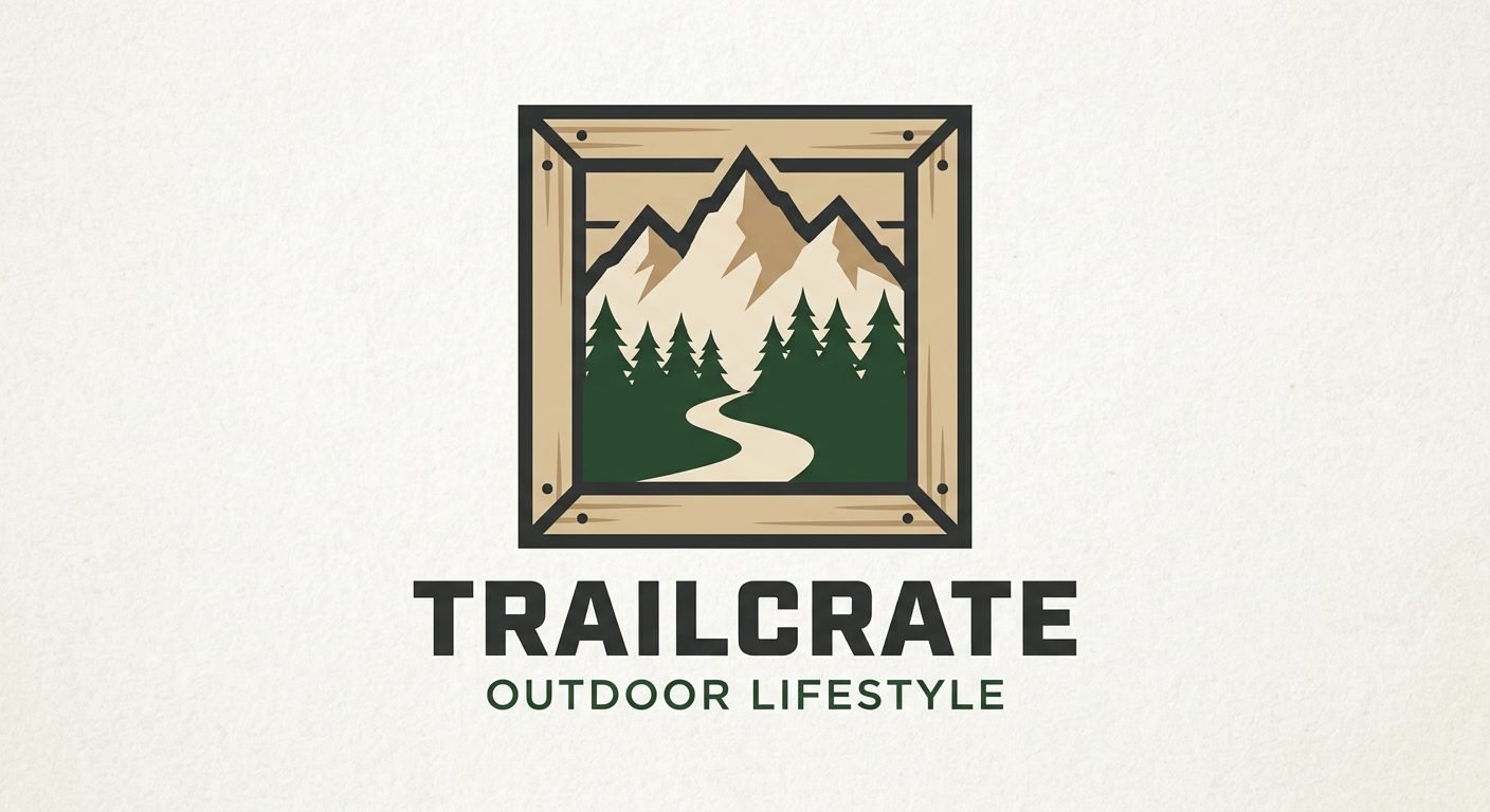 TrailCrate logo: mountain trail scene framed in a wooden crate